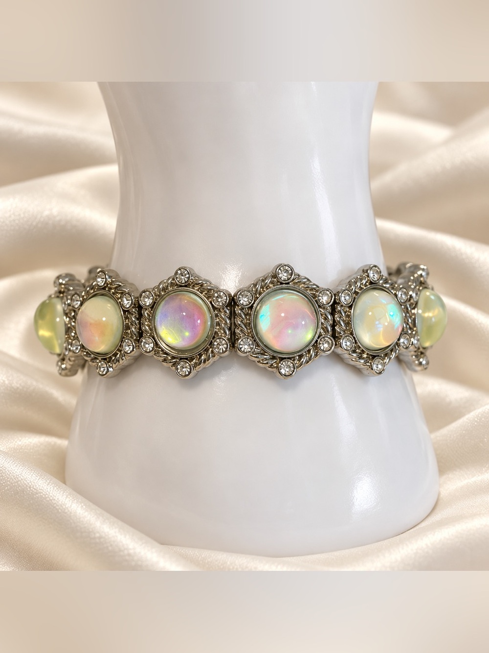 Ethereal Rainbow Moonglow & Rhinestone Silver Tone Stretch Bracelet